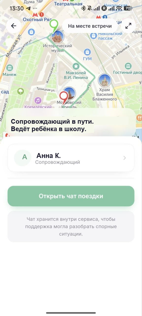 Экран маршрута: карта с путём ребёнка, статус рейса и чат поездки